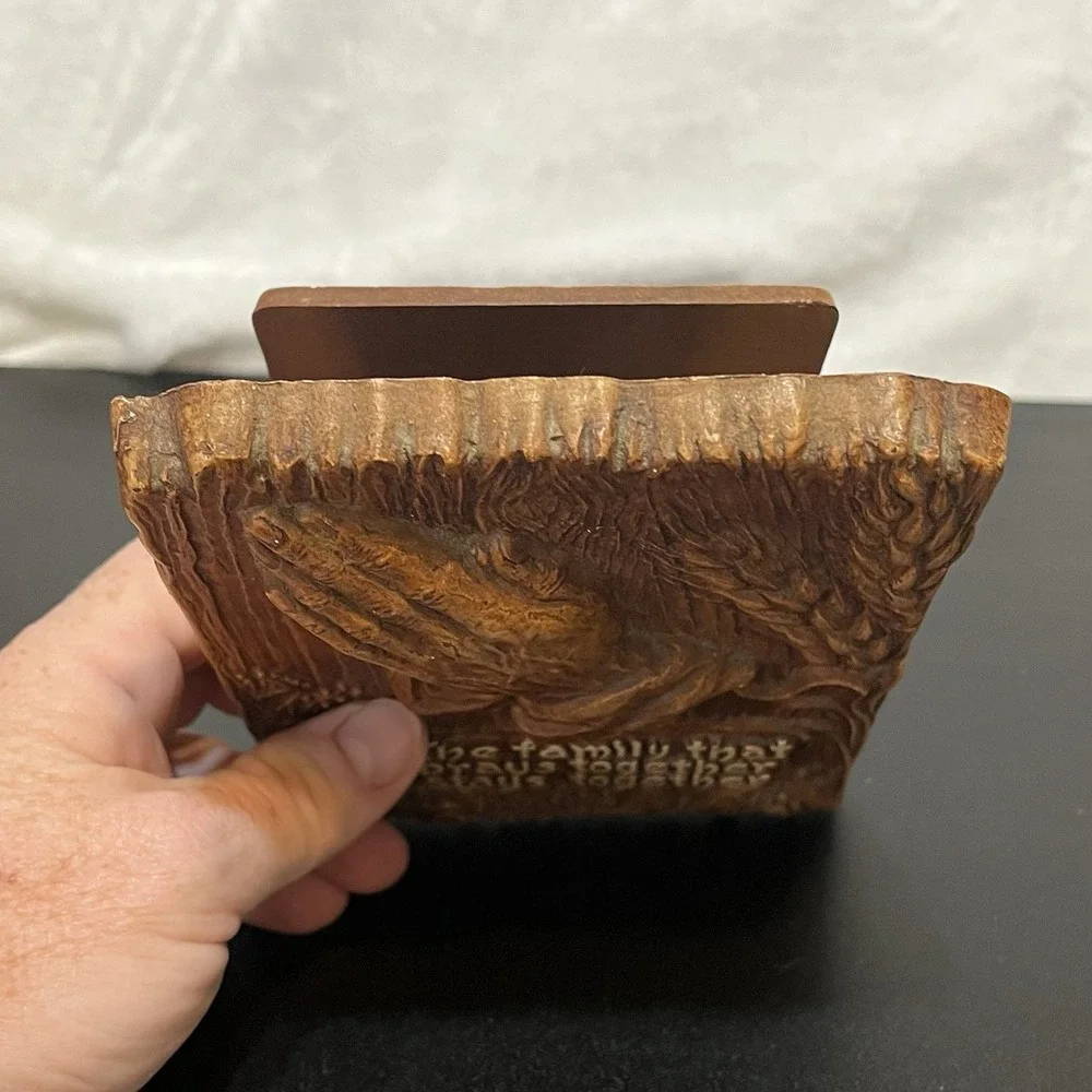 Vintage MCM Napkin Holder Mail Caddy Praying Hands FAMILY Made in USA Faux Wood